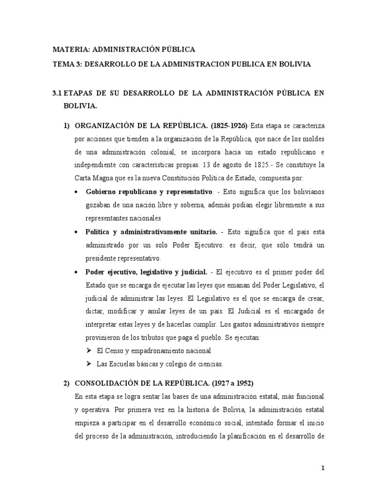 Tema 3 Desarrollo de La Administración Pública en Bolivia | PDF ...