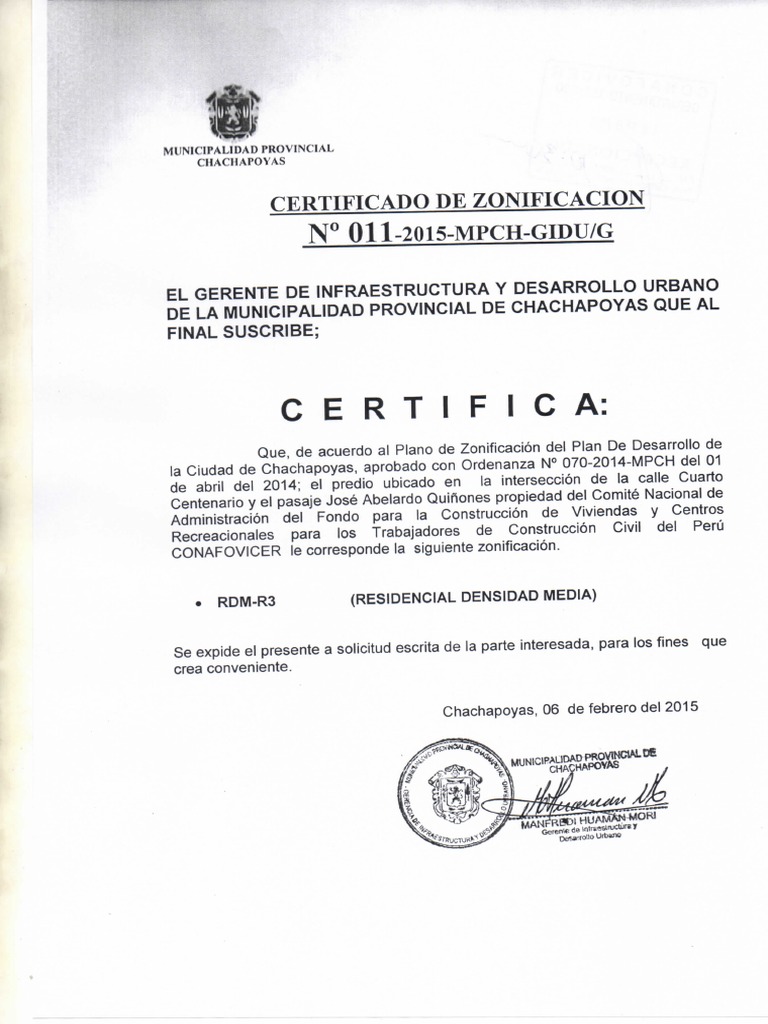 Certificado de Zonificacion Terreno - CHACHAPOYAS | PDF