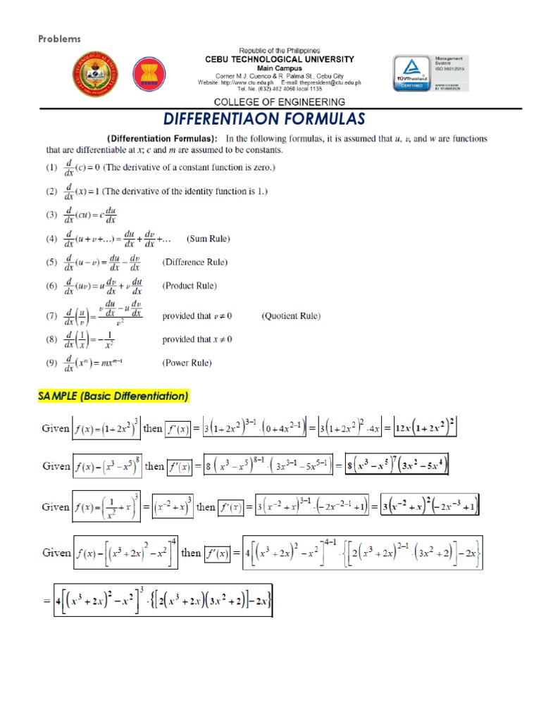 Differential Calculus Formulas With Examples PDF