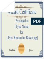 Award Certificate: Presented To (Type Name) For (Type Reason For Receiving)