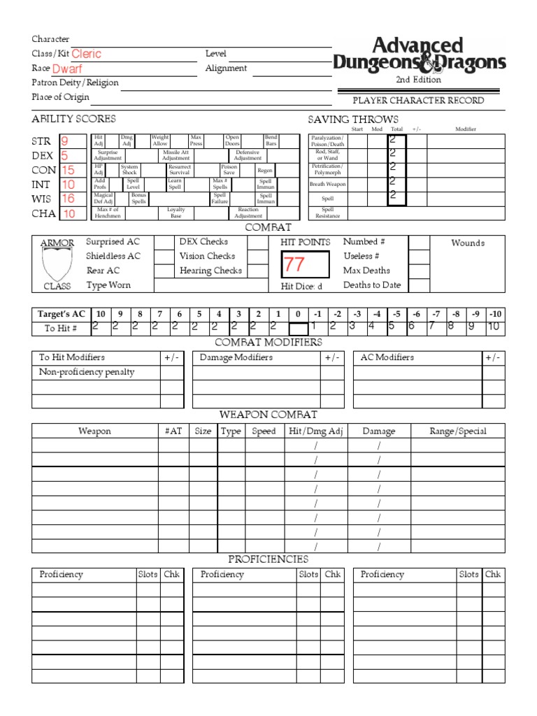 Dwarf Cleric Saving Throws Ability Scores STR DEX CON INT WIS CHA