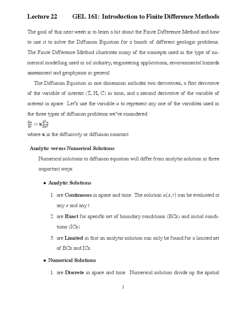 GEL 161 Introduction To Finite Difference Methods Analytic Versus Numerical Solutions PDF