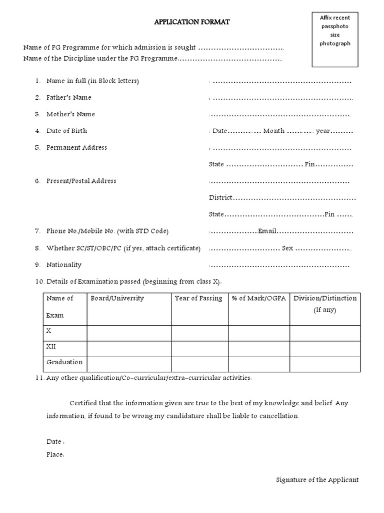 PG Admission Application Format | PDF