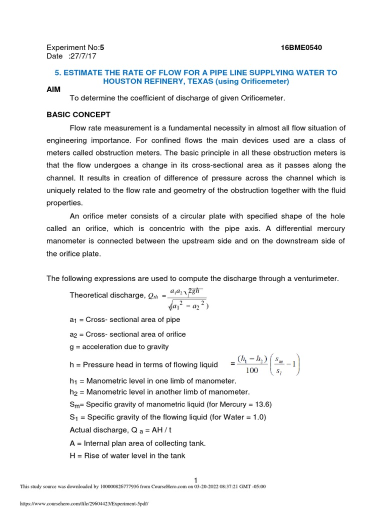 Estimate The Rate of Flow For A Pipe Line Supplying Water To HOUSTON
