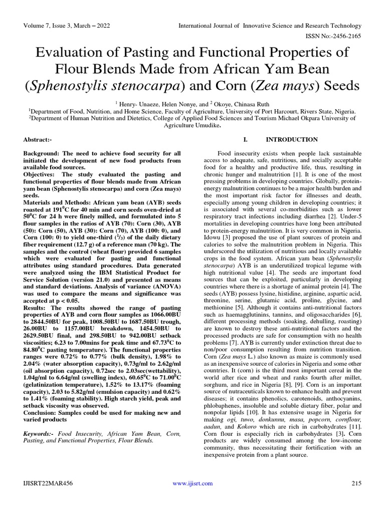 Evaluation of Pasting and Functional Properties of Flour Blends Made ...
