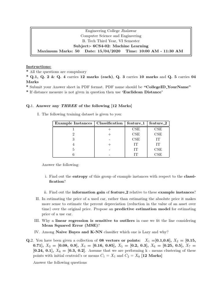 Machine Learning Exam Questions | PDF | Errors And Residuals | Data ...