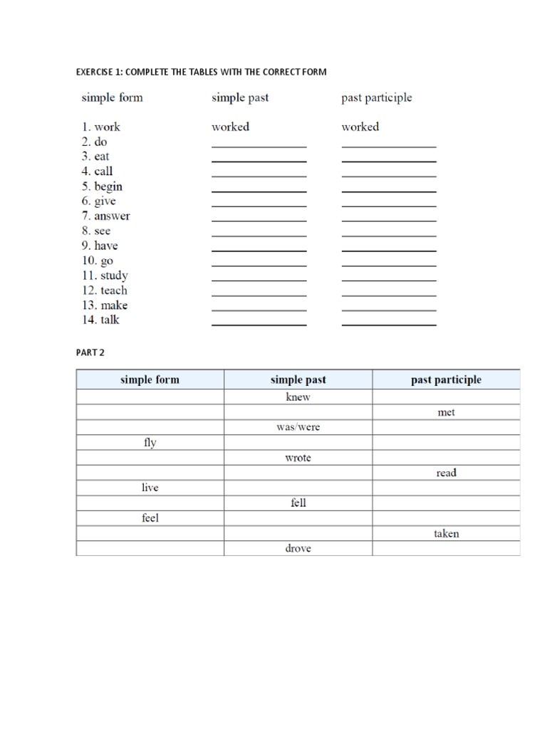 Exercise 1: Complete The Tables With The Correct Form | PDF
