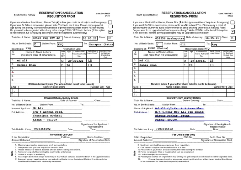 Railway Reservation and Cancellation Form | PDF | Passenger Rail ...