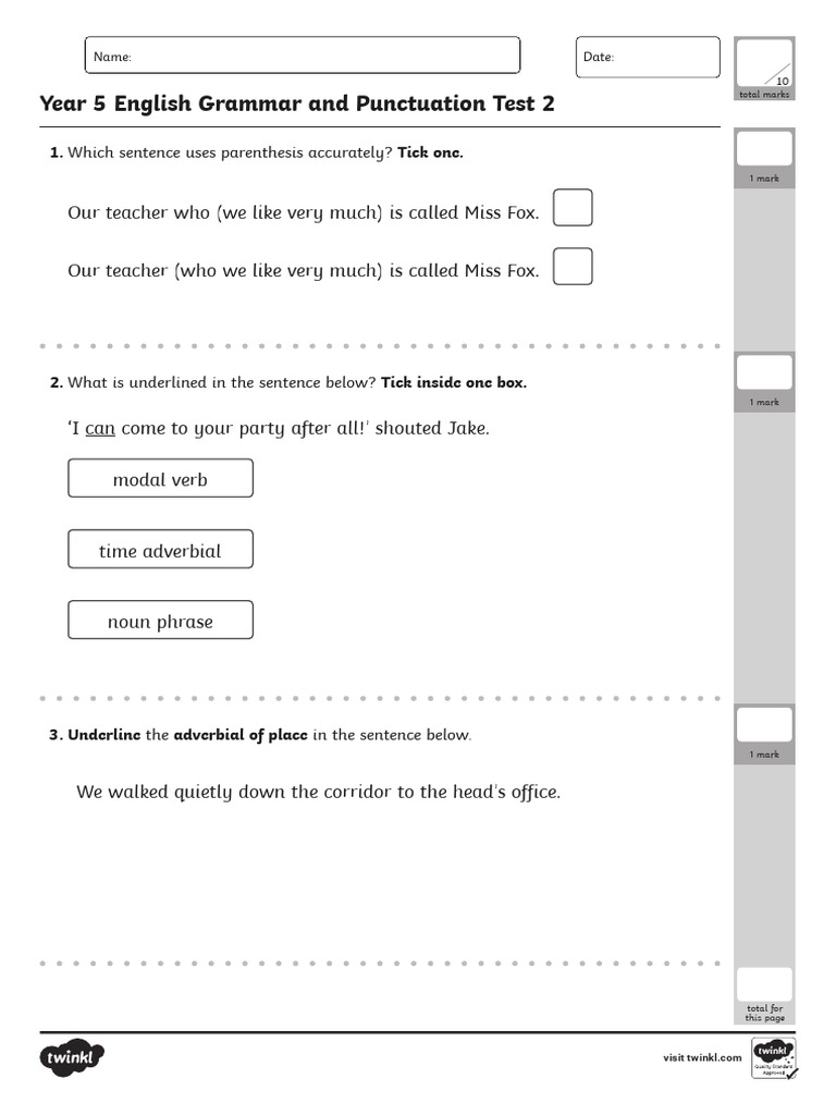 Year 5 Grammar and Punctuation Test 2 | PDF | English Grammar | English ...