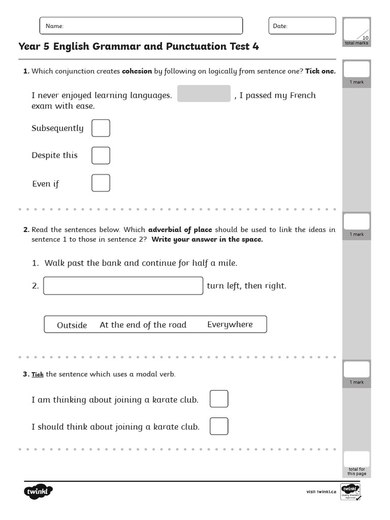 YEAR 5 TITLE - English Grammar and Punctuation Test 4 | PDF | English ...