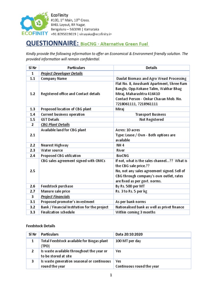 Questionnaire Biocng Alternative Green Fuel PDF Biogas