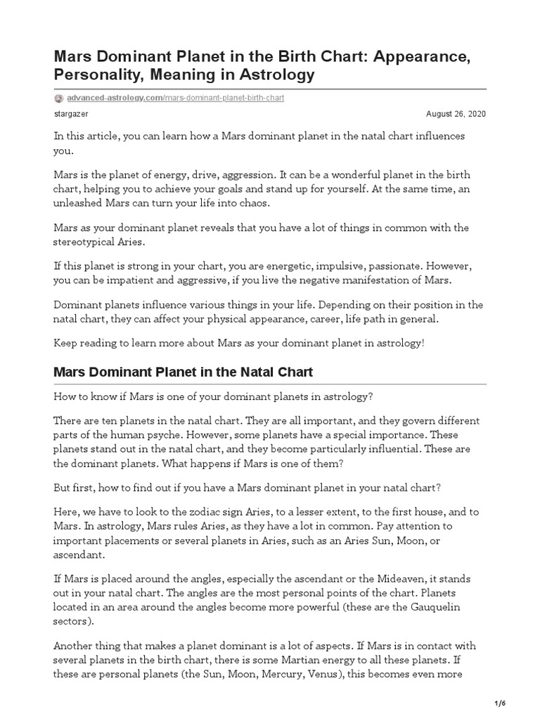 Mars Dominant in The Birth Chart Appearance Personality Meaning