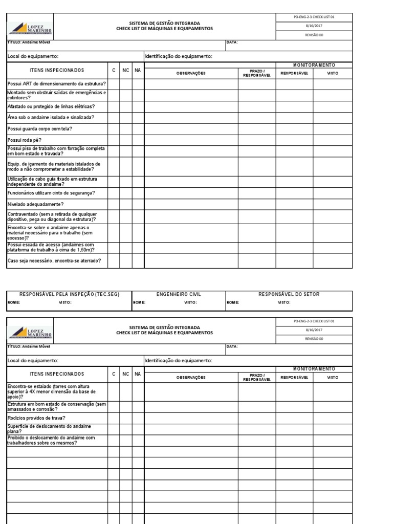 Checklist de Inspeção de Andaimes | PDF | Engenharia Civil | Parafuso