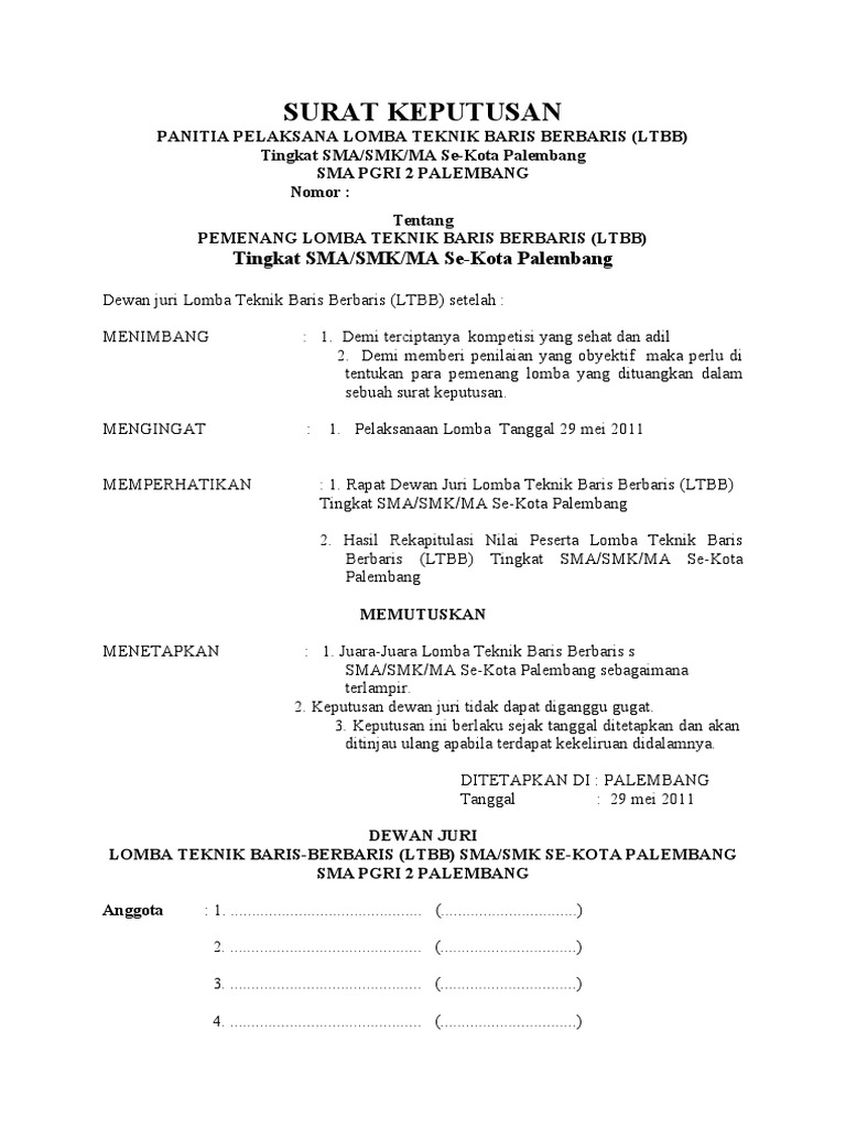 Surat Keputusan Dewan Juri Contoh Soal