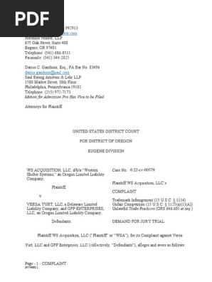 WS Acquisition v. Versa Yurt - Complaint | PDF | Trade Dress