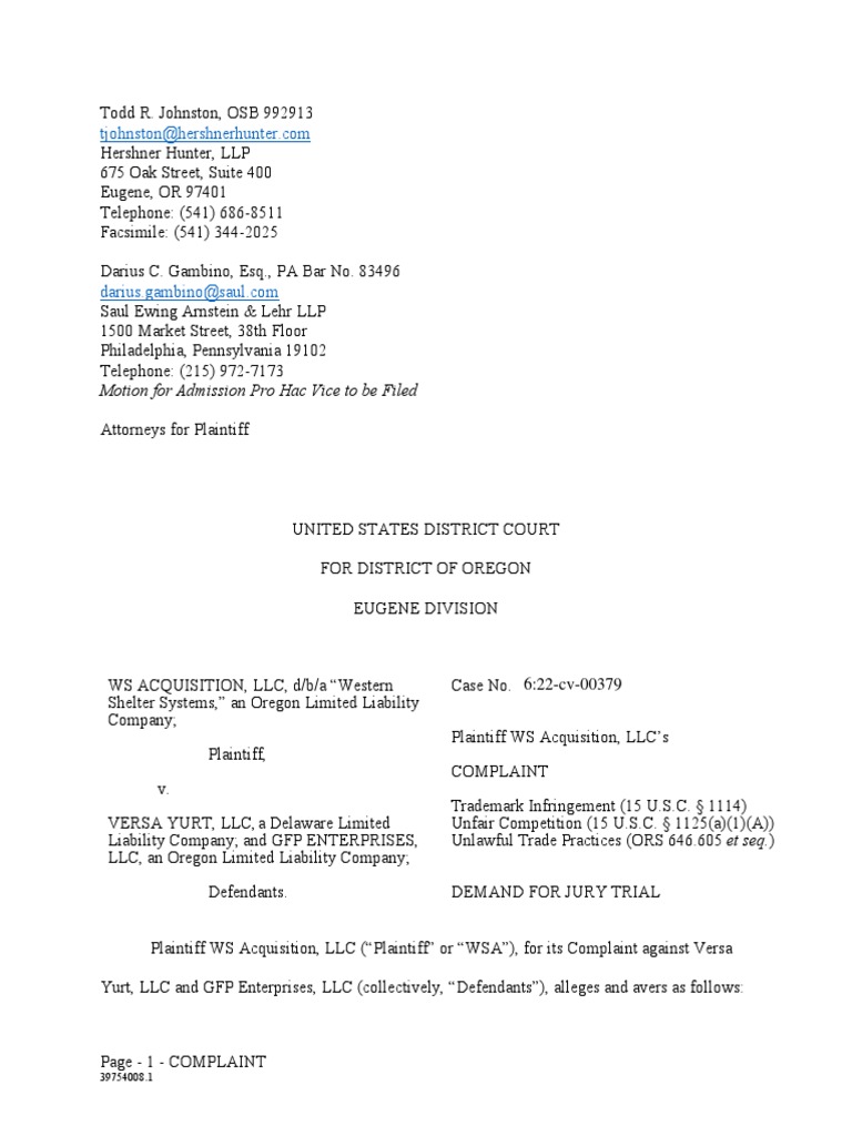 WS Acquisition v. Versa Yurt - Complaint | PDF | Trade Dress