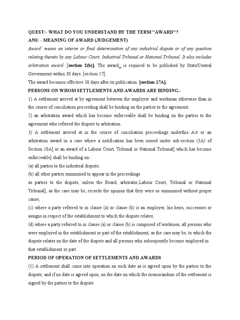 QuestWhat Do You Understand by The Term "Award"? Ans Meaning of Award (Judgement) PDF