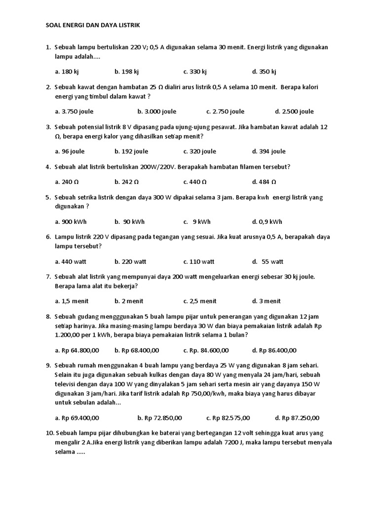 Soal Energi Dan Daya Listrik Kelas 9 | PDF