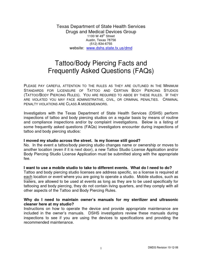 Tattoo and Body Piercing Faqs PDF Identity Document Government Information