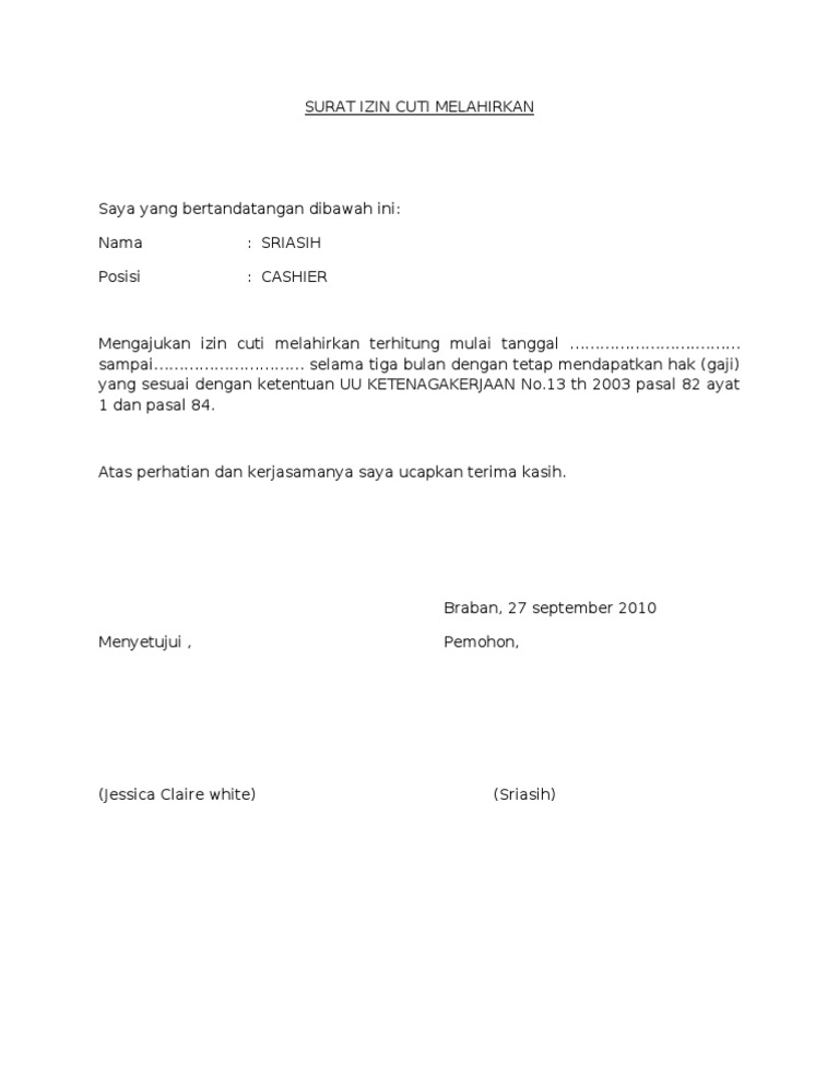 Contoh Surat Cuti Melahirkan Guru Honorer - SuratMenyurat.net