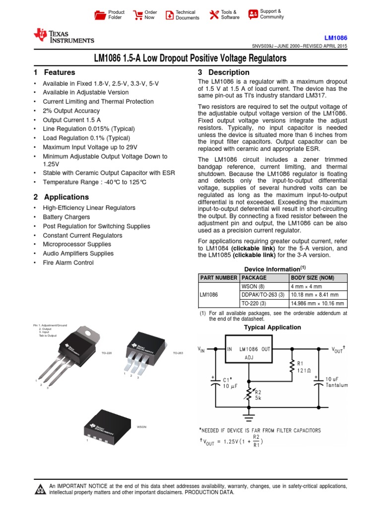 LM1086 1.5A Low Dropout Positive Voltage Regulators 1 Features 3