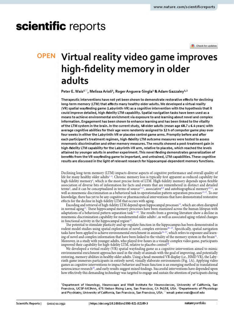 Virtual Reality Video Game Improves HighFidelity Memory in Older
