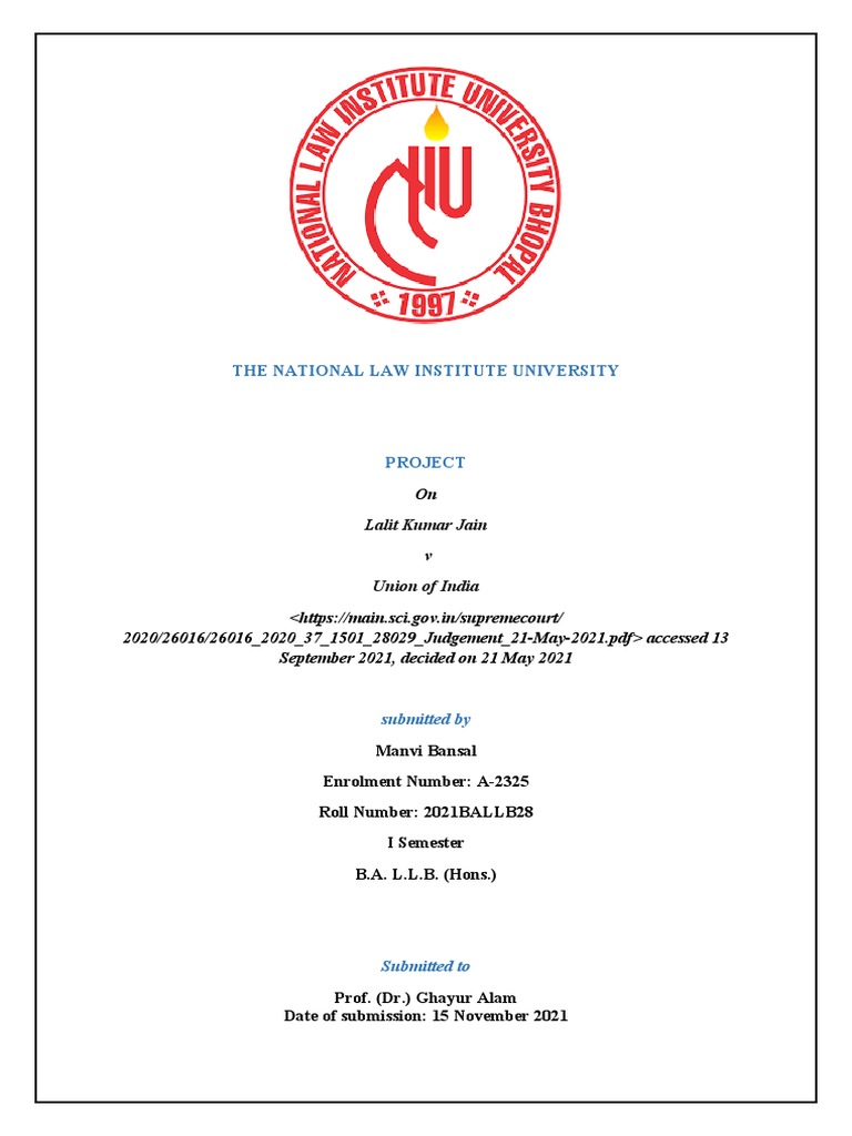 The National Law Institute University Lalit Kumar Jain V Union of