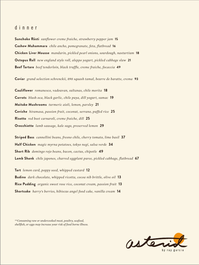 Asterid Dinner Menu Highlights | PDF | Cooking, Food & Wine