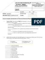 Activity Sheet: Course Content: Introduction To Personal Financial Planning (Page 1-27)
