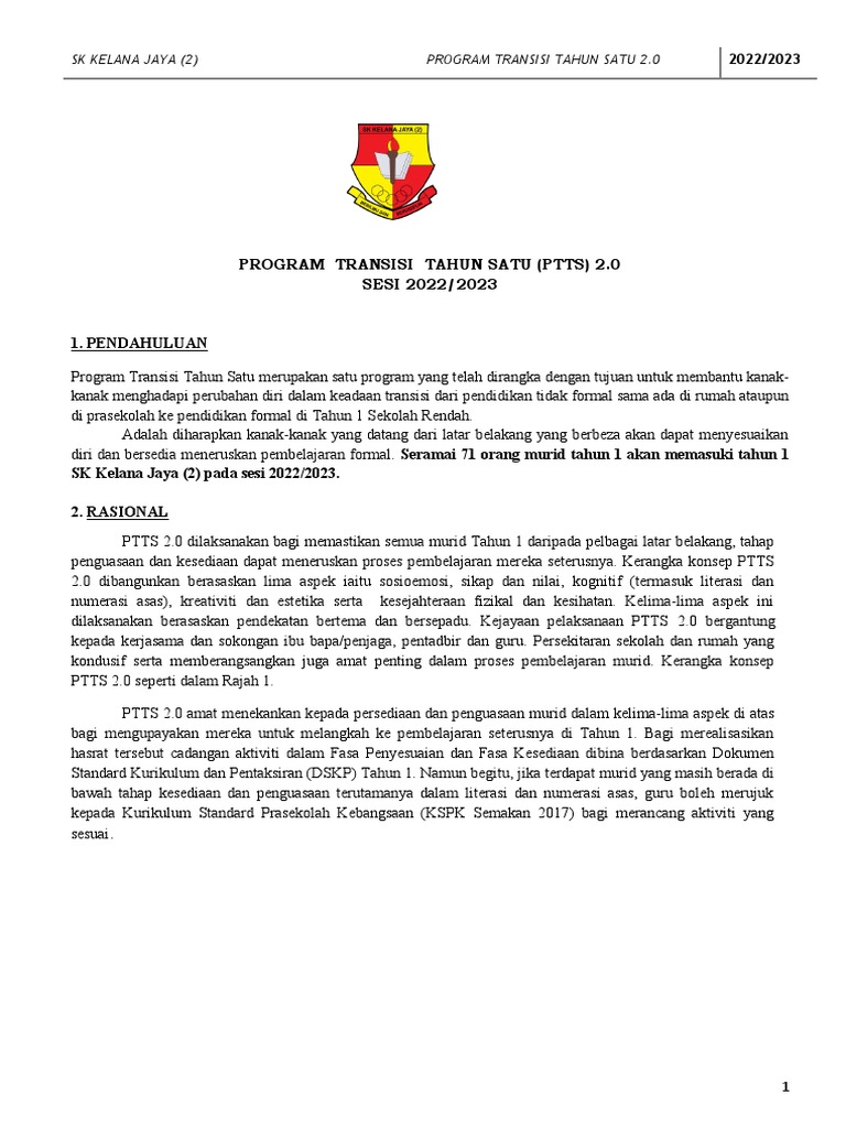 Kertas Kerja Program Transisi Tahun 1 2022@2023 | PDF
