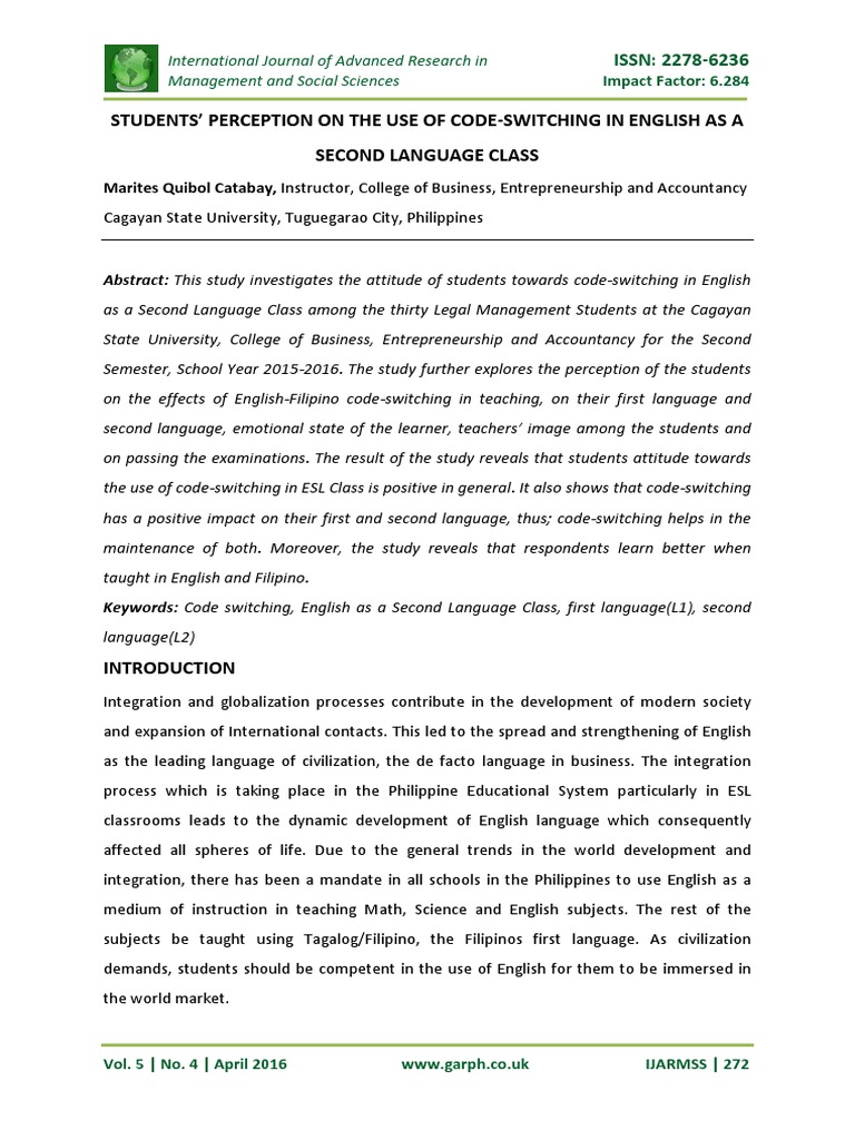 Loc Students' Perception On The Use of Code-Switching in English As A ...