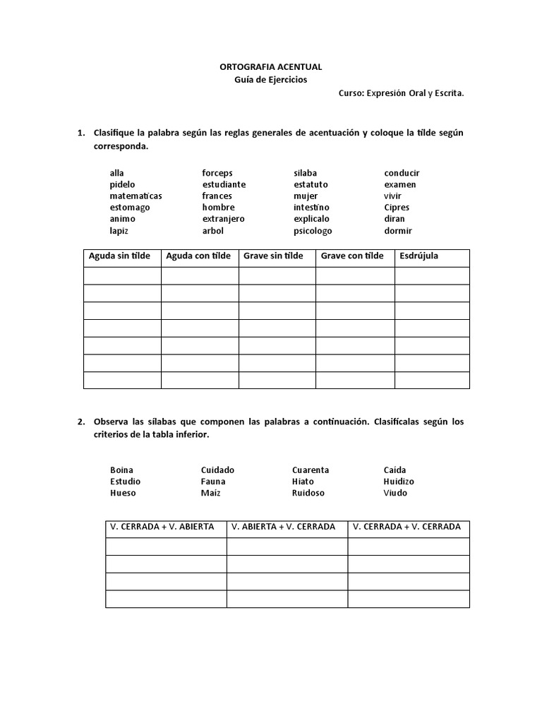 Guia de Ejercicios ORTOGRAFIA ACENTUAL | PDF | Voz humana | Lingüística