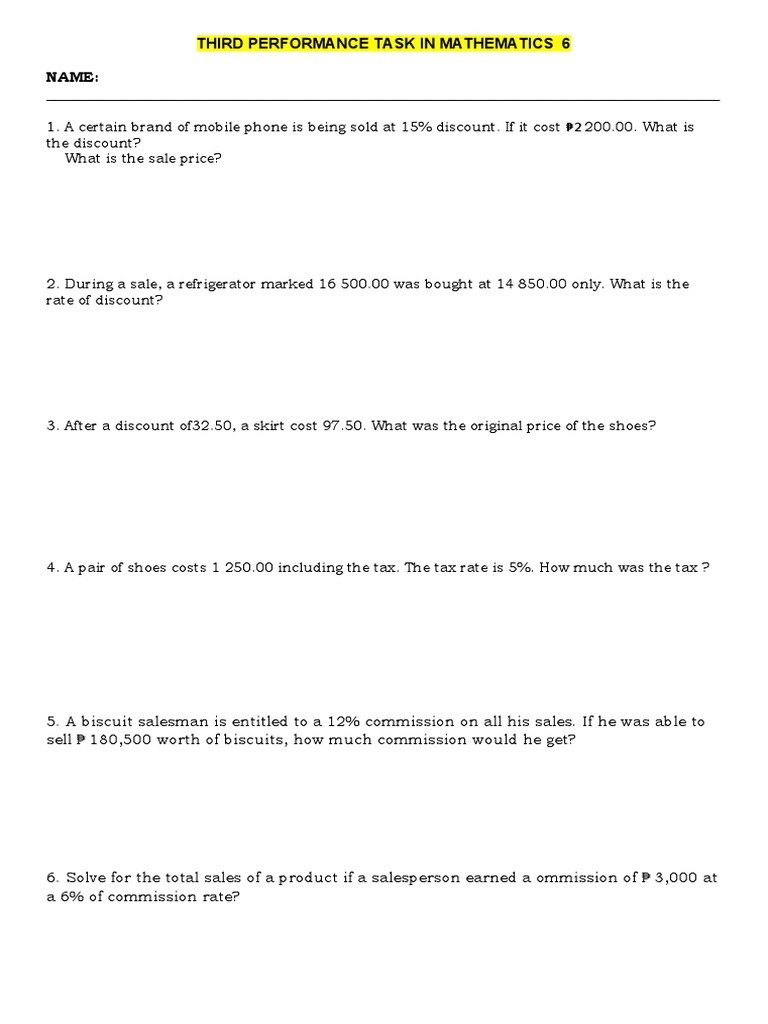 Third Performance Task in Mathematics 6 | PDF