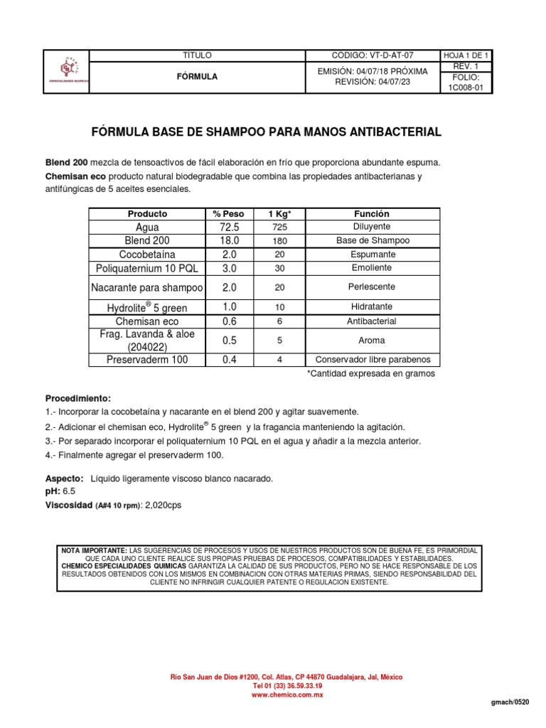 Formula Shampoo PDF Materiales Sustancias químicas