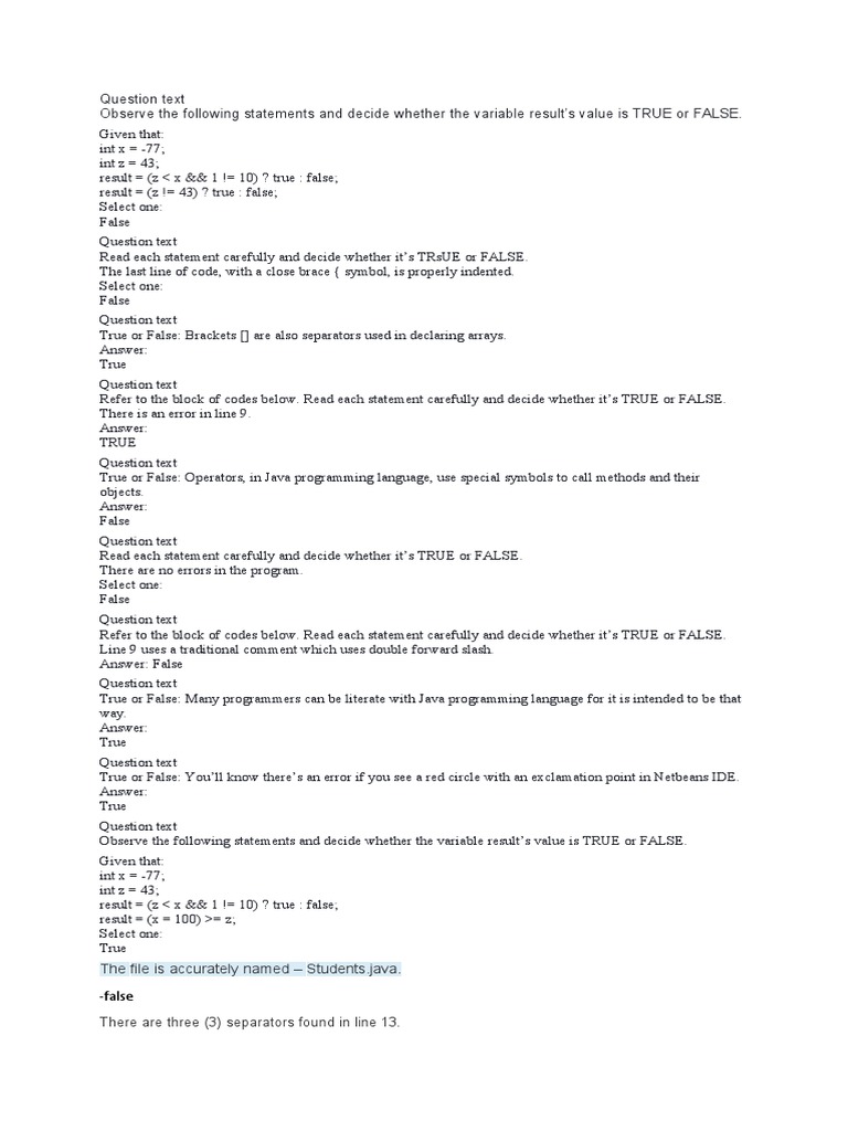 Java Programming True or False Quiz | PDF | Class (Computer Programming ...