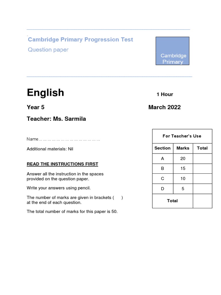 Year 5 English Test | PDF | Cognitive Science | Language Families