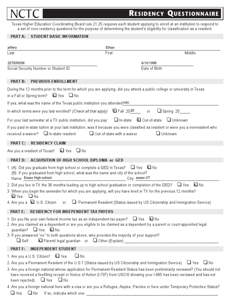 Texas Student Residency Questionnaire | PDF | Citizenship Of The United ...