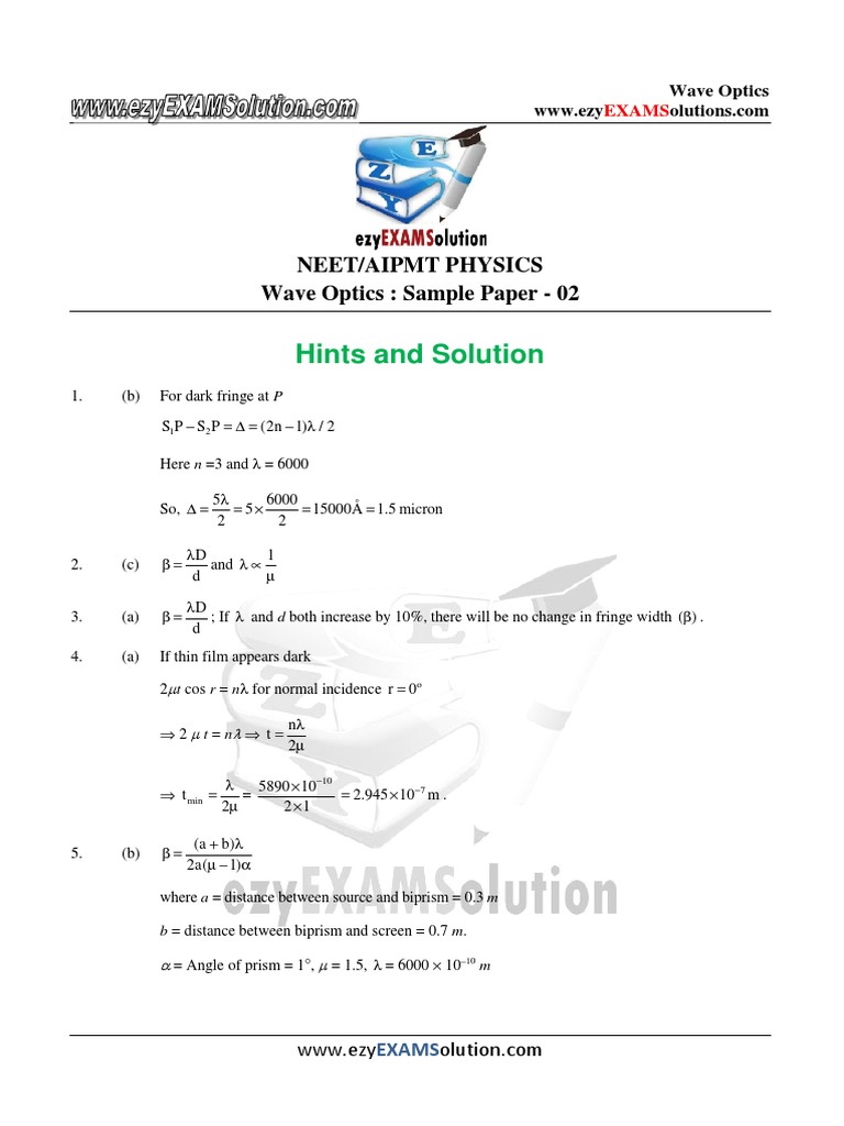 Hints and Solution: Neet/Aipmt Physics Wave Optics: Sample Paper - 02 ...