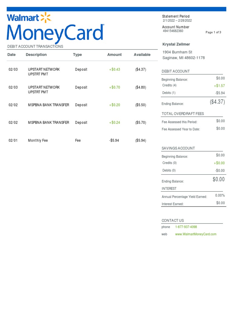 Walmart MoneyCard Statement Overview | PDF | Debits And Credits ...