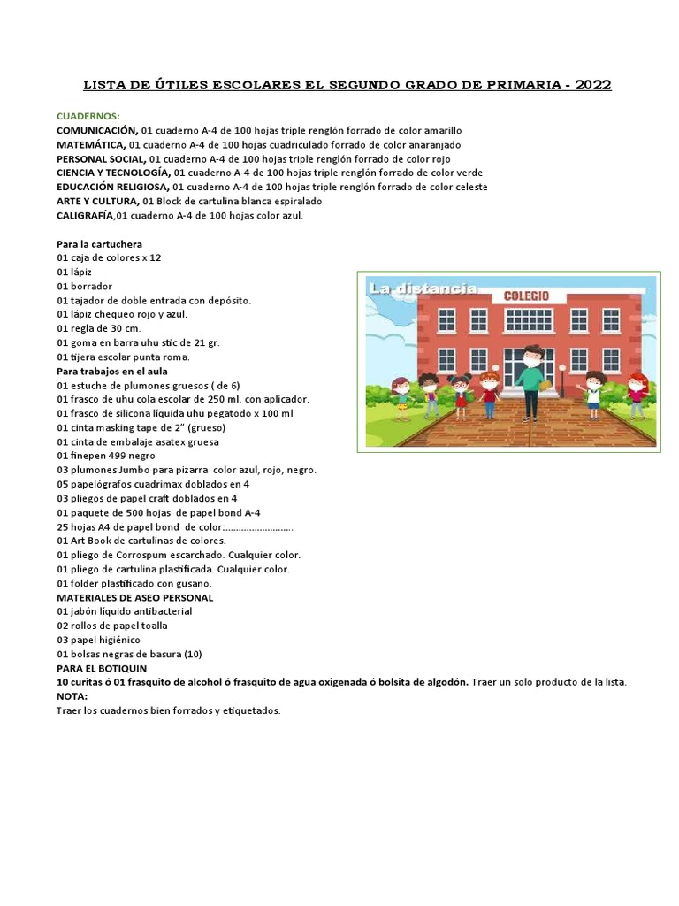 Lista de Útiles Escolares El Segundo Grado de Primaria | PDF