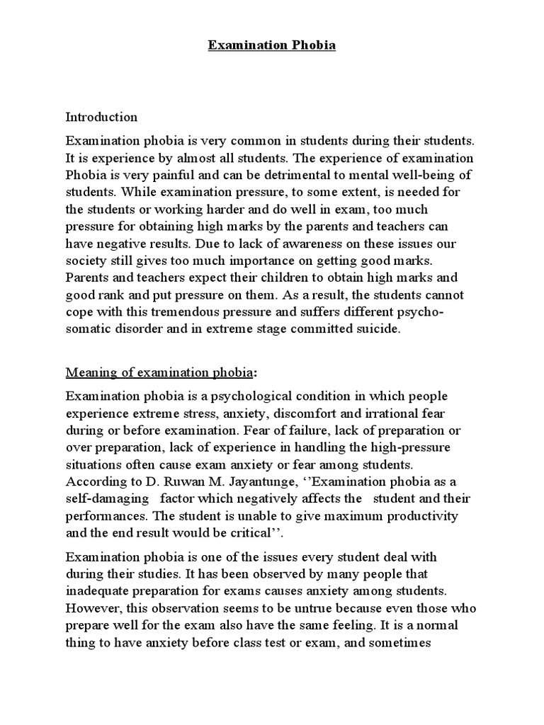 Examination Phobia Pdf Anxiety Phobia
