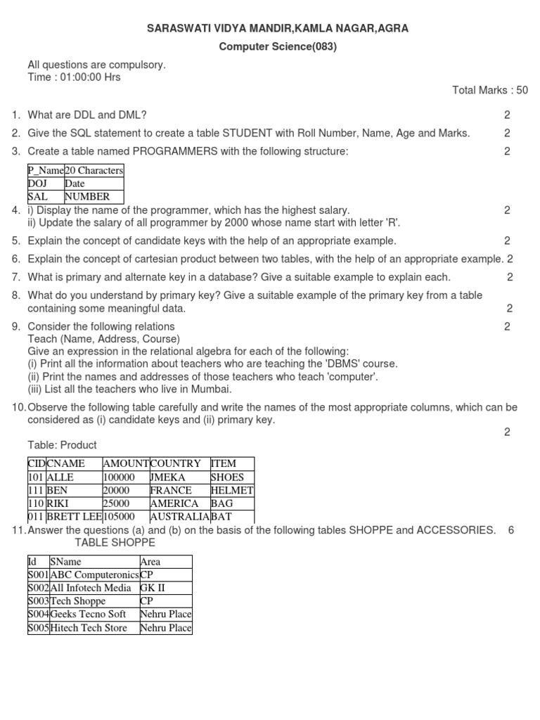 Cs Paper SQL 2022 | PDF | Databases | Relational Model