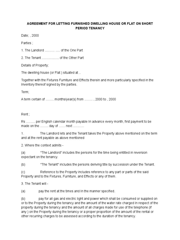 Agreement For Letting Furnished Dwelling House or Flat On Short Period