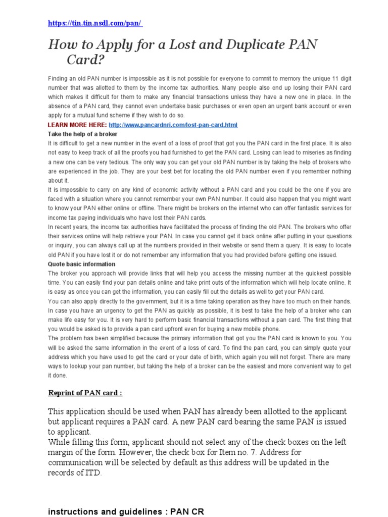 How To Apply For A Lost and Duplicate PAN Card Download Free PDF