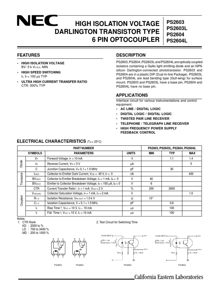 High Isolation Voltage Darlington Transistor Type 6 Pin Optocoupler