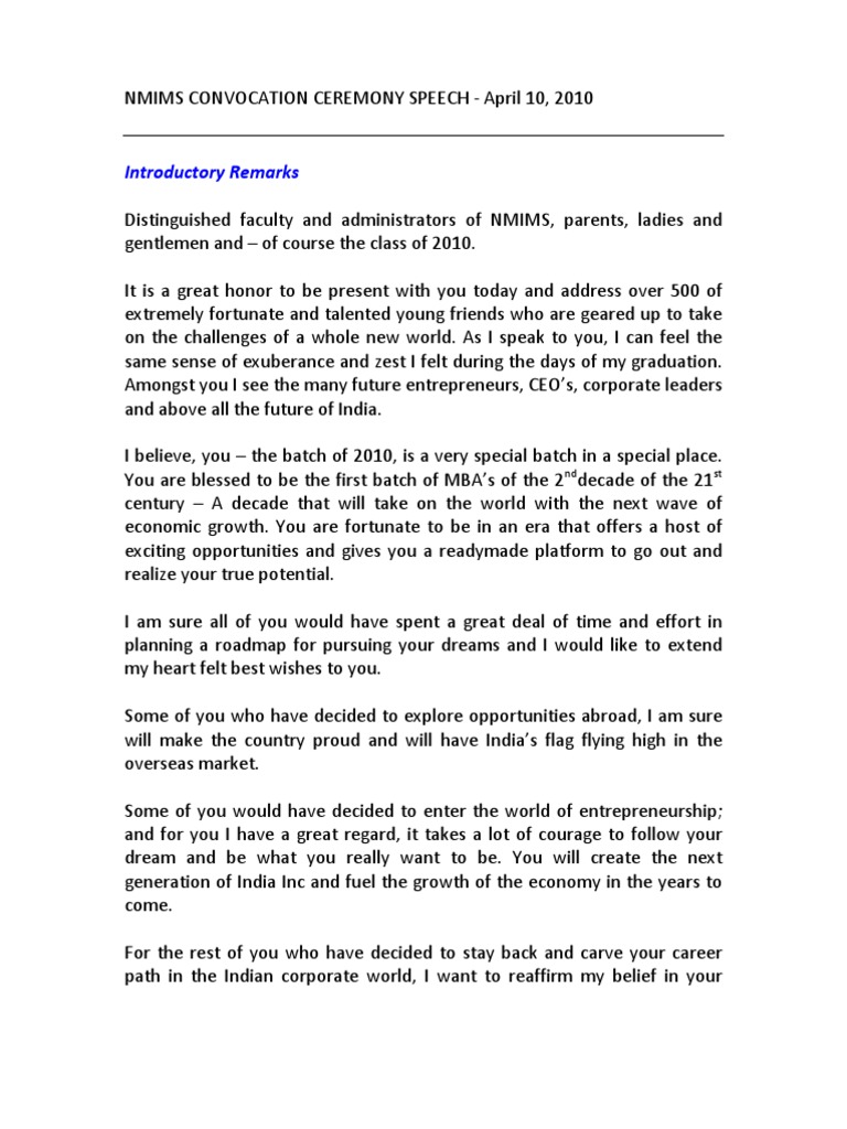 NMIMS 2010 Convocation Ceremony Speech | PDF | Economic Growth ...