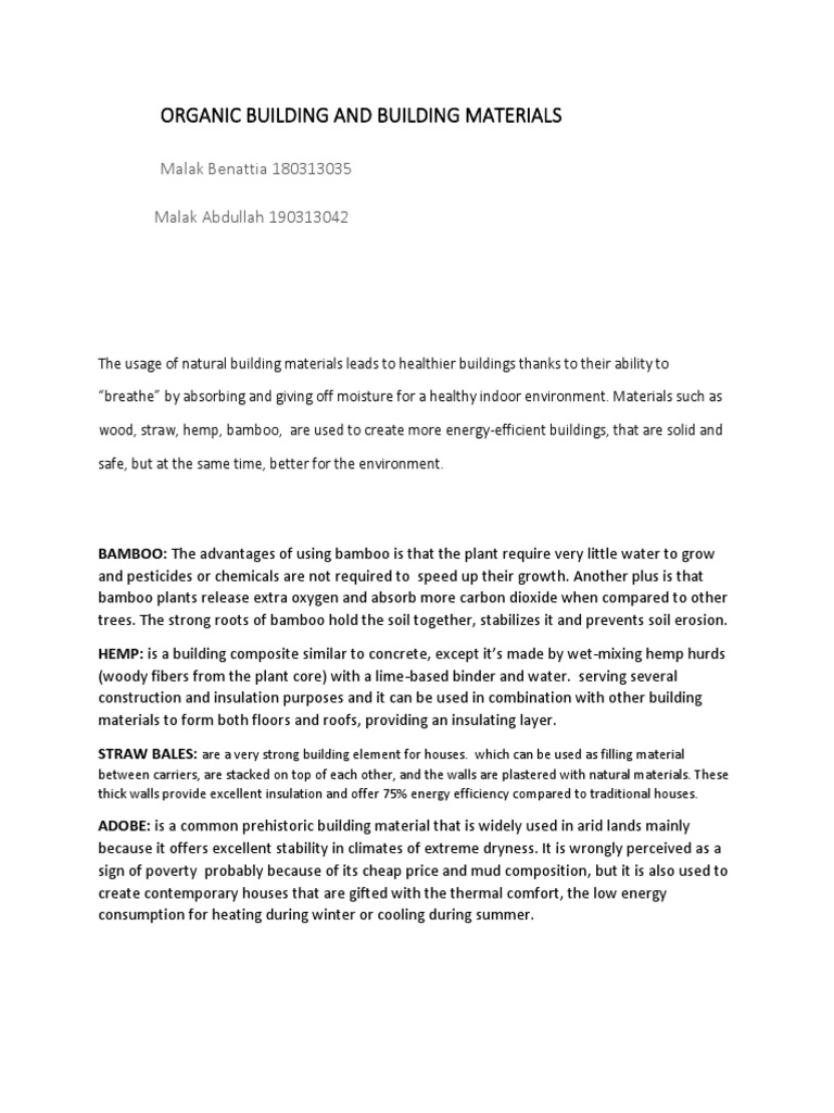 Organic Building Materials Overview | PDF | Glasses | Brick