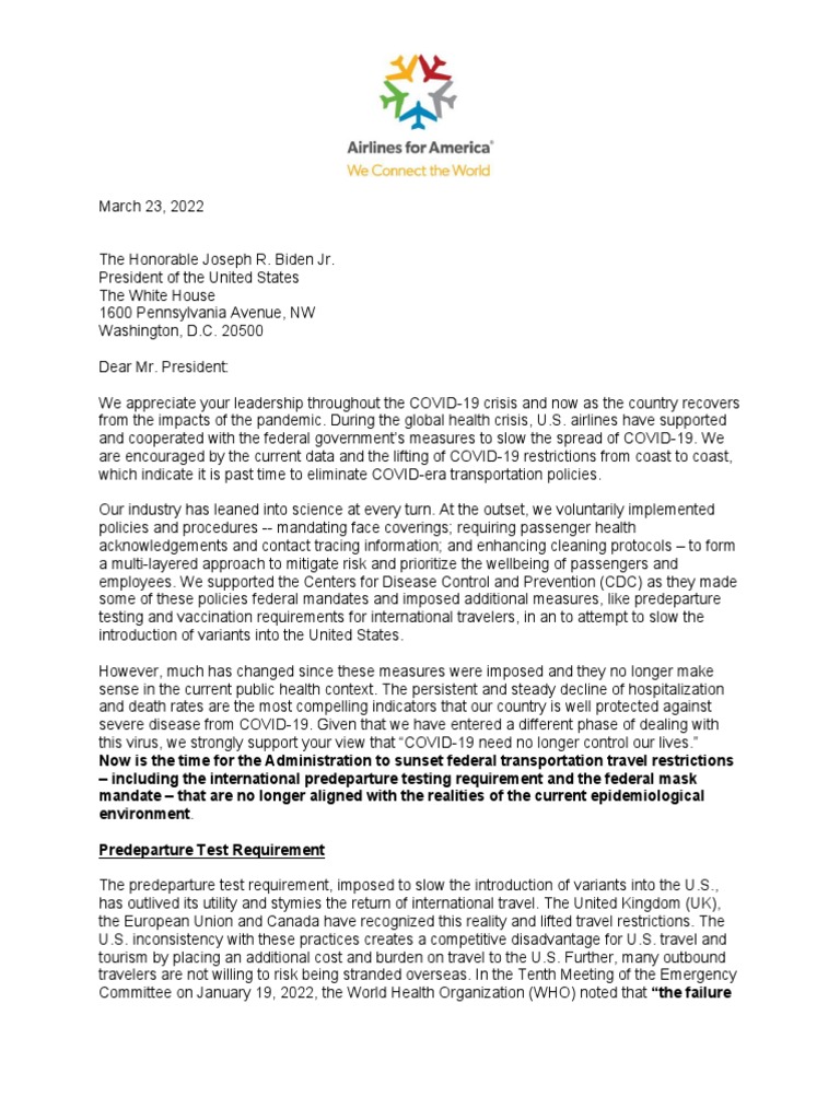 3 23 22 A4A Board Letter To President Biden On Mask Mandates and ...