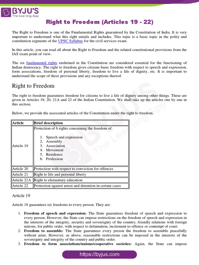 Right to Freedom: Articles 19-22 Explained | PDF | Detention ...