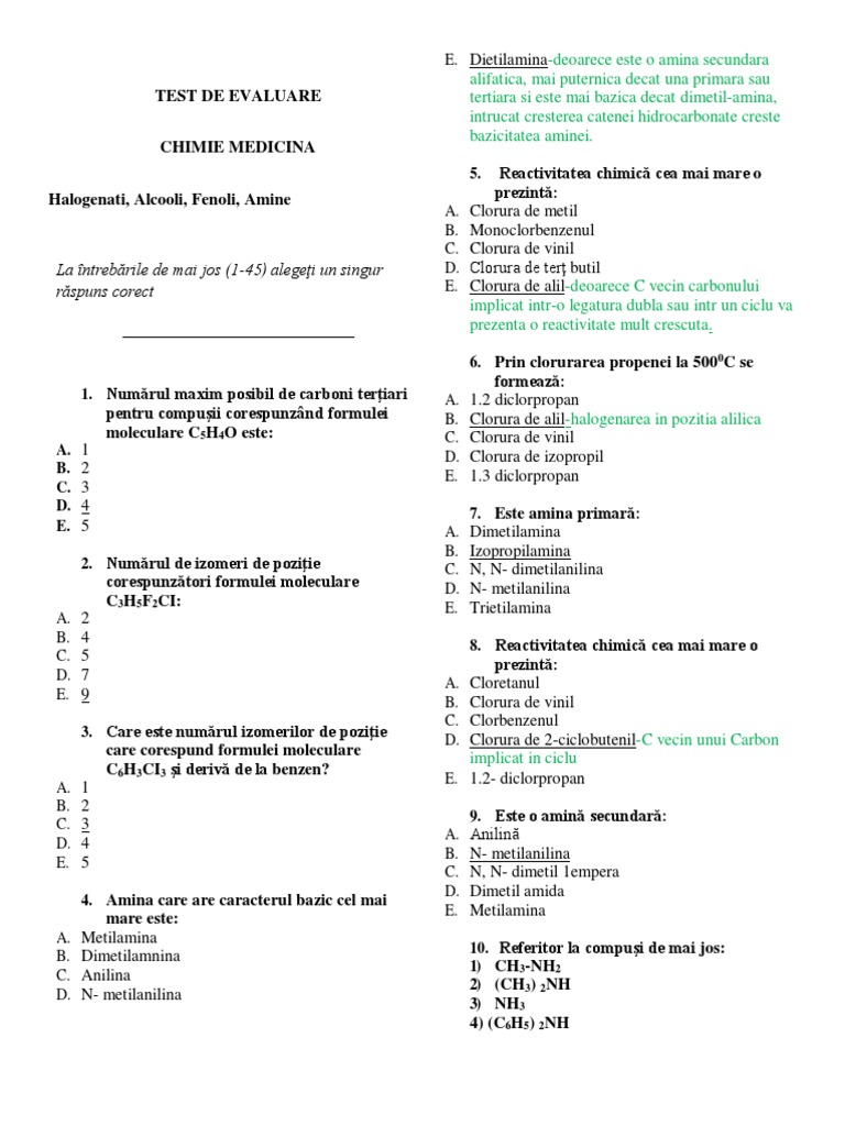 TEST MEDICINA Compusi Halogenati, Alcooli, Fenoli, Amine BAREM | PDF